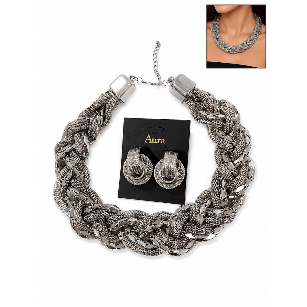 2 set- Aura Statement Necklace & Knot Earrings Silver Braided Mesh Party chunky